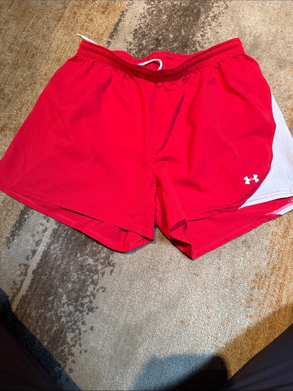 Under Armour Women’s Bright Red Athletic Shorts with White Side Panels